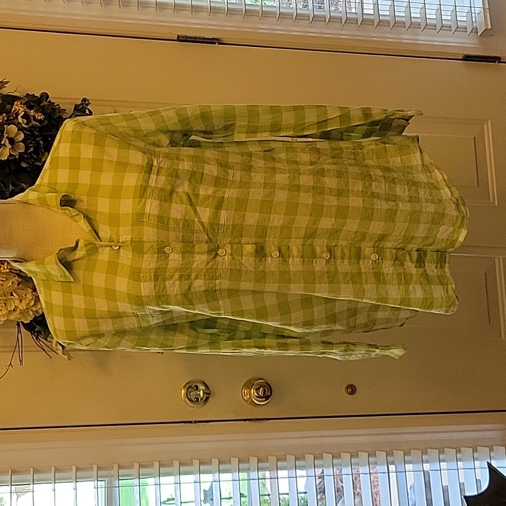 MICHAEL Michael Kors lime green white checked long sleeve roll tab shirt M EUC …